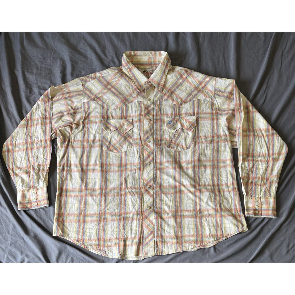Wrangler American Cowboy Pearl Snap Shirt Mens 3XL Yellow Plaid‎ Western
